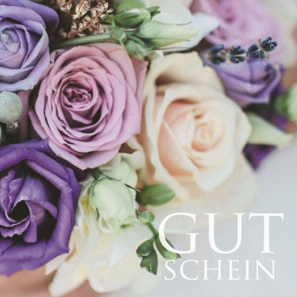 Gutschein Gärtnerei Müller (Motivkarte: Rosenstrauß violett-flieder-weiß-hellgrau)