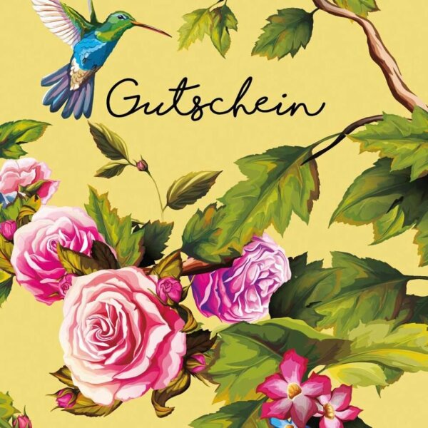 Gutschein Gärtnerei Müller (Motivkarte: Rosenranke und Kolibri senfgelb-rosa-grün)
