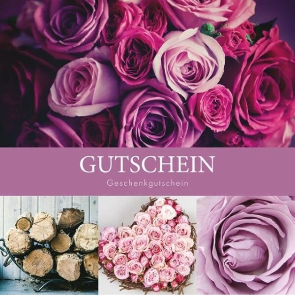 Gutschein Gärtnerei Müller (Motivkarte: Rosenherz und Rosenstrauß pink-violett)